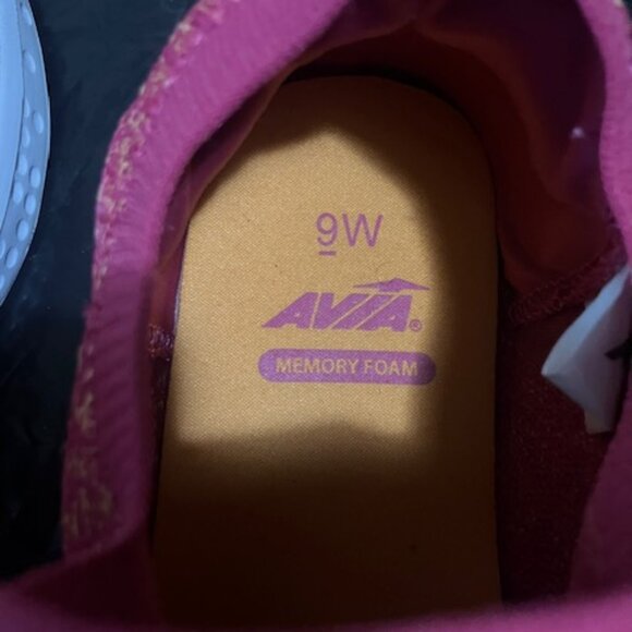 This is a pair of Avia Women's slip-on sneakers with a pink knit upper and white - Picture 2 of 2